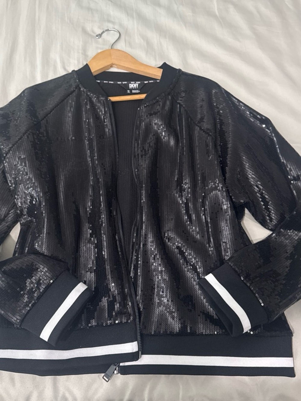DKNY Black Sequin Bomber with Striped Trim